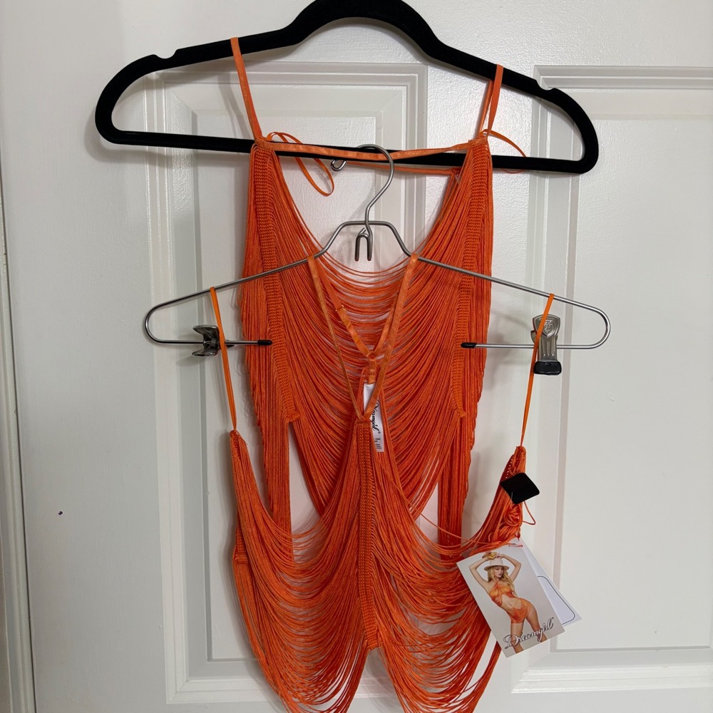 Dreamgirl 12985 Tangerine Fringe Two Piece Set Festival Rave Wear Large NWT